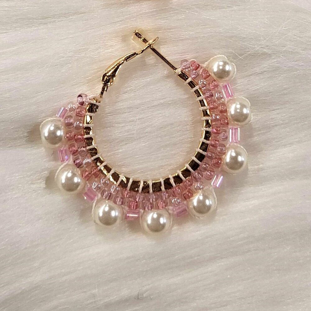 Small Pink Hoop Earrings with Pearl Edging